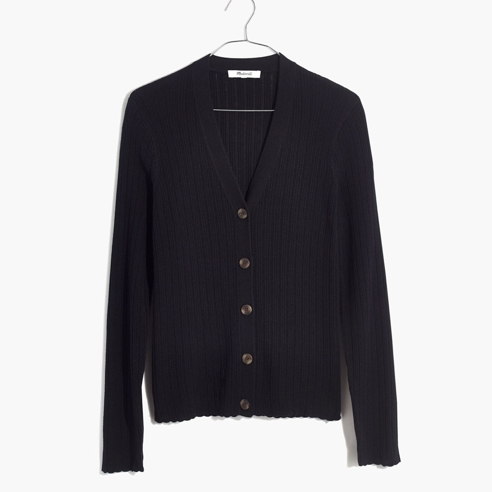 Madewell black ribbed v-neck cardigan with tortoiseshell buttons
